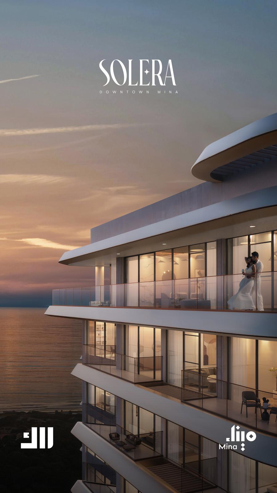 Aangeleverde Solera-projectimpressie van een balkon bij zonsondergang