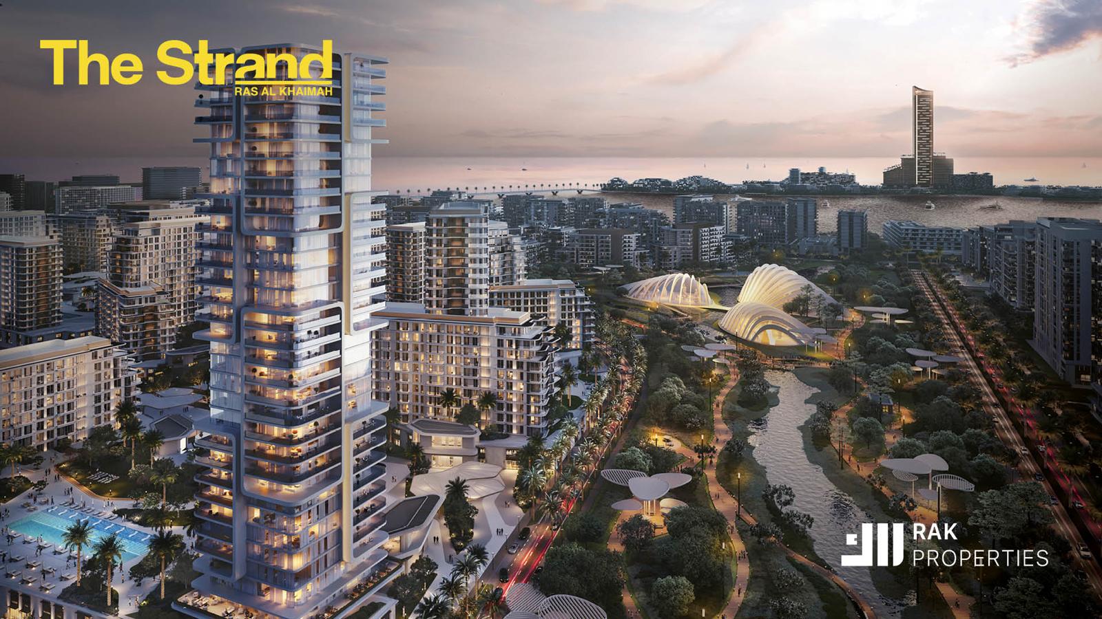 The Strand van RAK Properties, projectimpressie van de gebouwen en omgeving vanuit de lucht