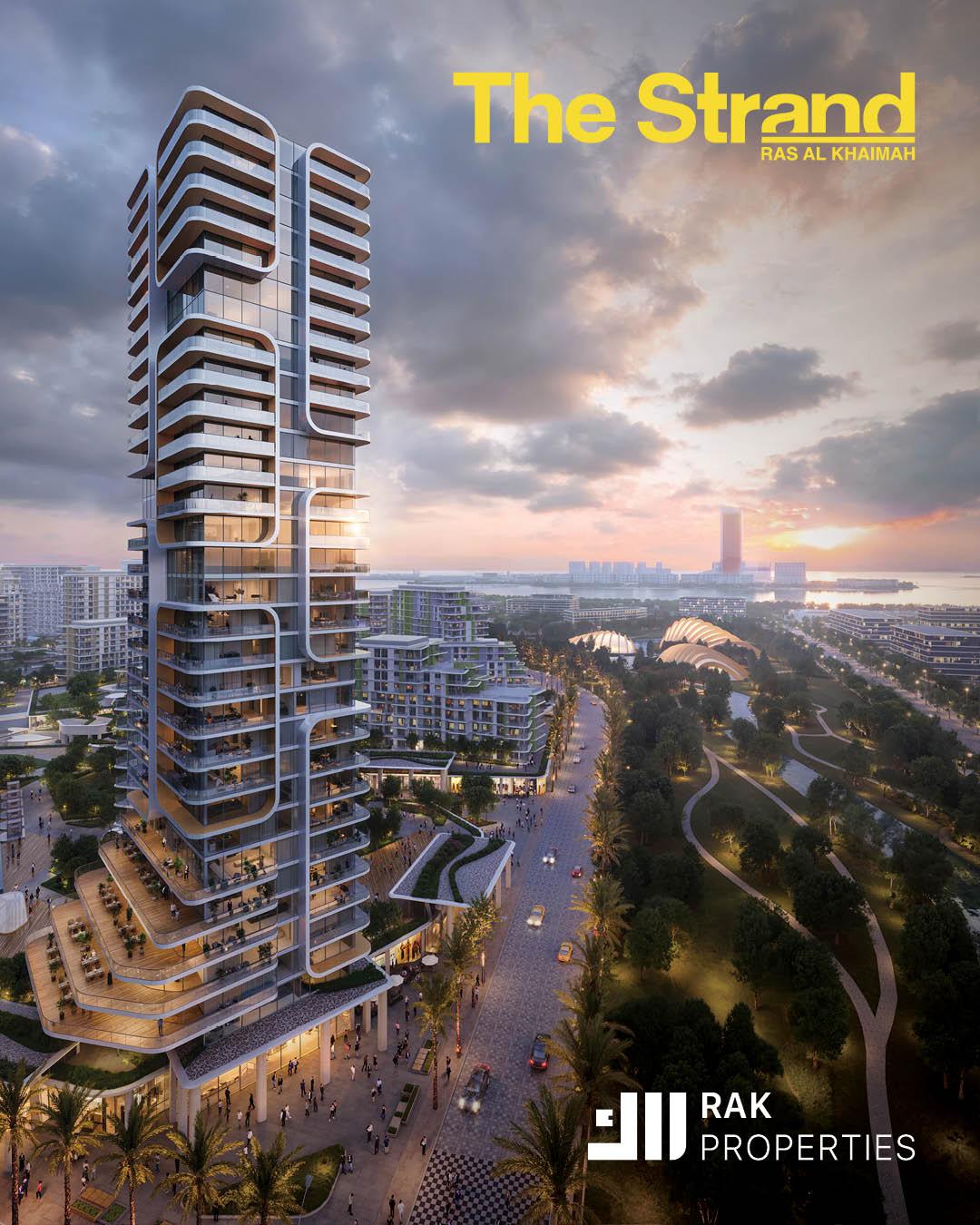 The Strand-projectimpressie van een woontoren en groene omgeving