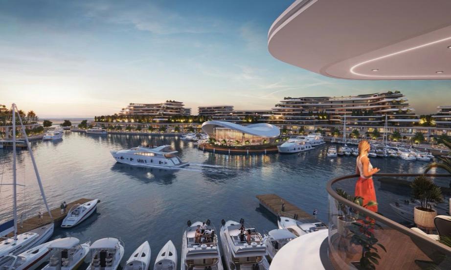 Aangeleverde projectimpressie met een jachthaven en terrassen aan het water