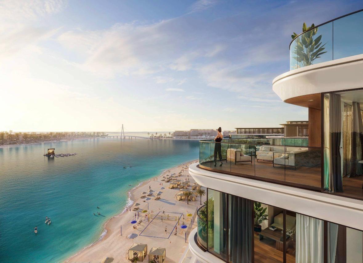 Projectimpressie van een terras met uitzicht over strand en zee