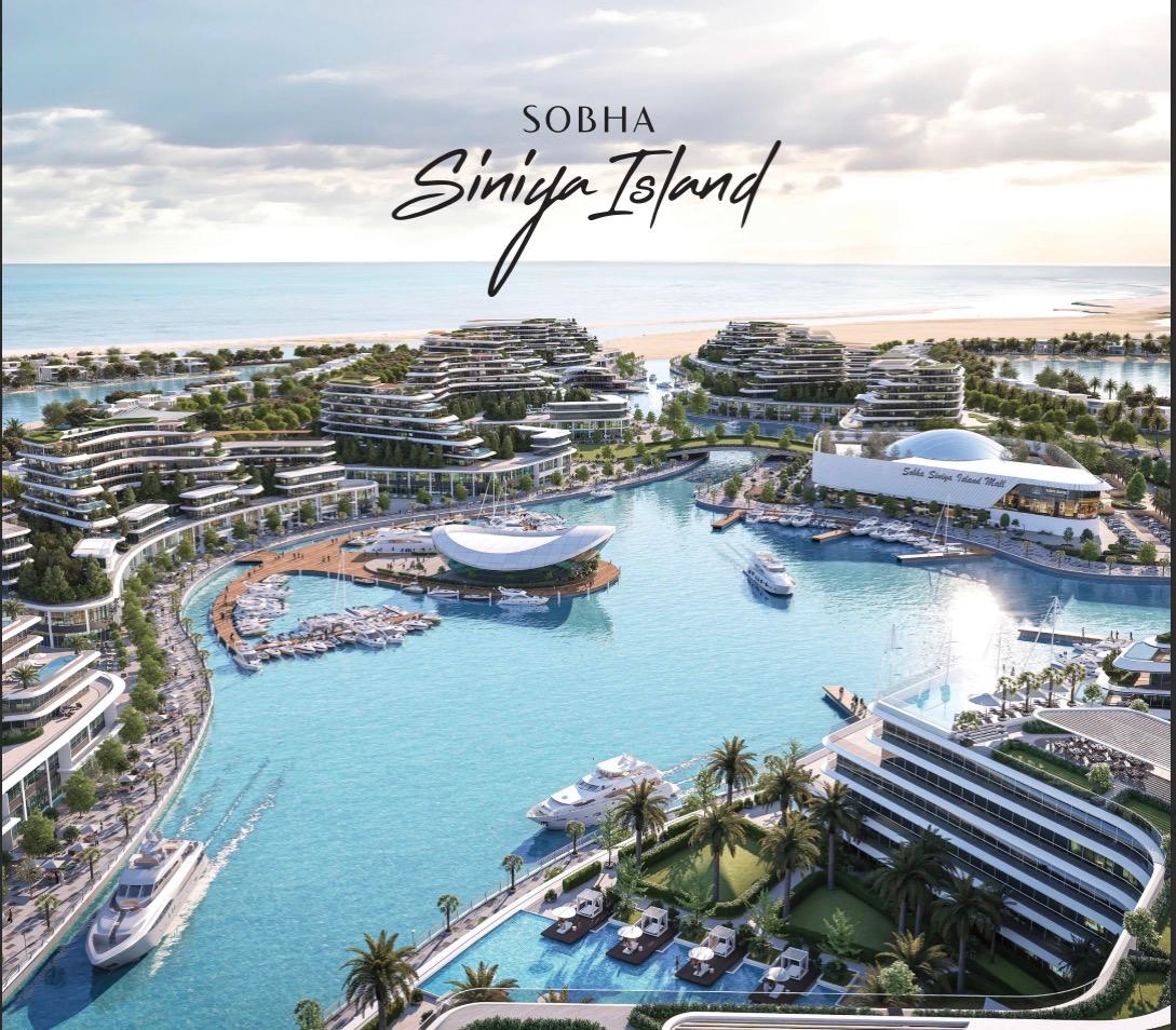 Sobha Siniya Island-artwork met een overzicht van woningen en waterpartijen
